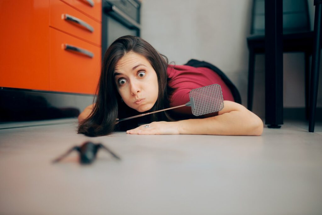 A frustrated woman holding a flyswatter crawling on the ground chasing a bug