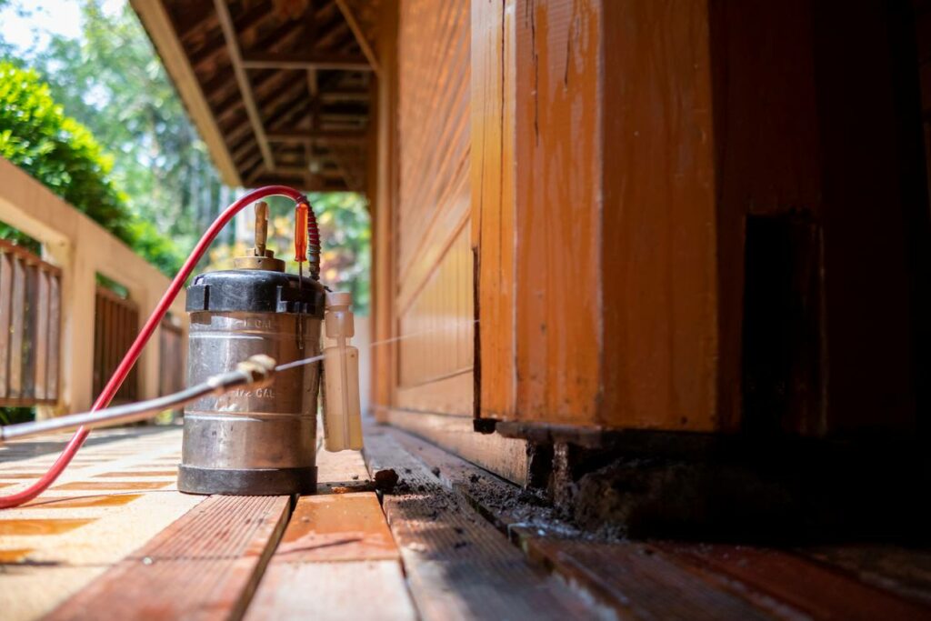 A canister of pesticide attached to a hose with a spray nozzle